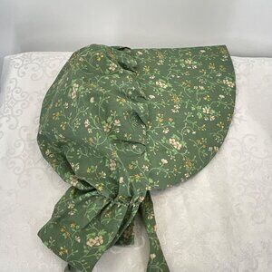 Green Floral Prairie Bonnet With Ties Womens Handmade Cotton Vintage Style